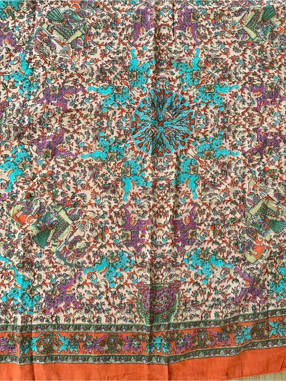 Floral Paisley Square cotton tapestry in Orange, Turquoise & Purple, 35x35 in